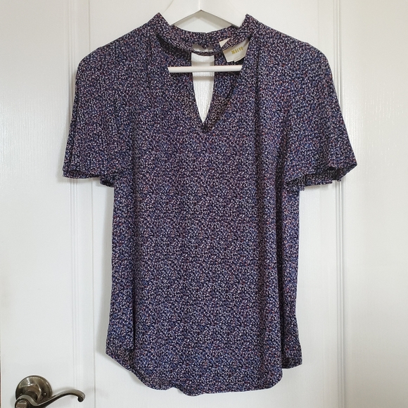 Maeve Tops - MAEVE Patterned Navy Blue Choker Neck Blouse